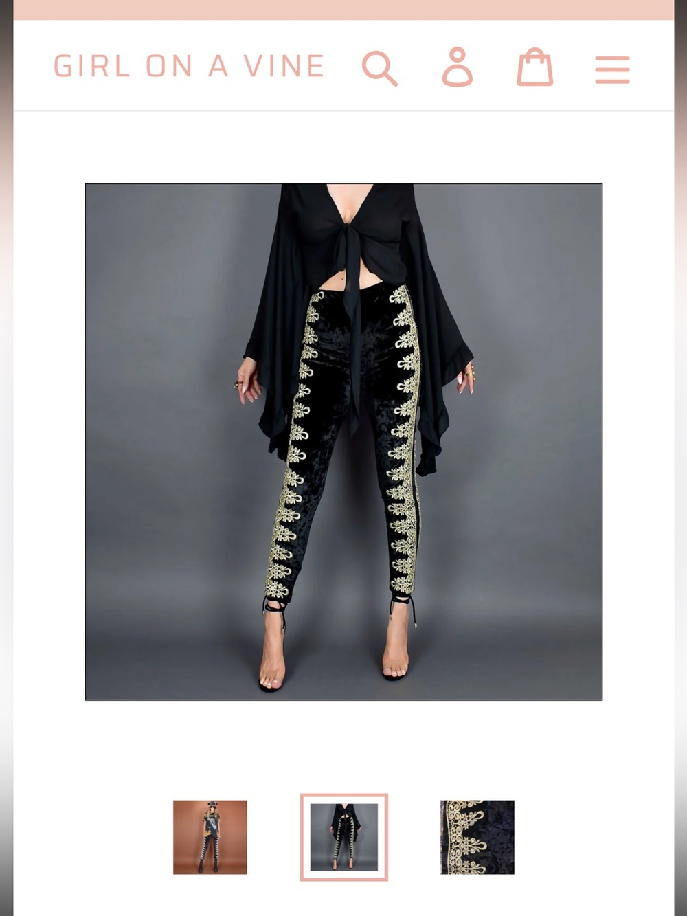 Girl on A Vine Jimi Hendrix Inspired Black Velvet Leggings /w Gold Baroque Lace
